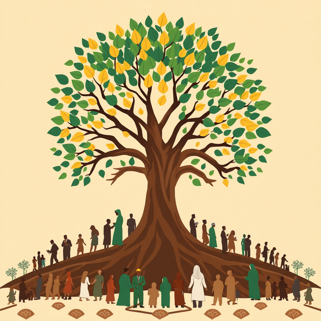 A 4K, high-quality image representing the Somali Takaful Insurance Association (STIA). The image depicts a stylized tree with deep roots representing stability and growth. The tree's branches reach upwards, bearing leaves that symbolize the different sectors STIA supports – healthcare, education, small businesses, and agriculture. People of all ages and backgrounds are gathered under the tree, symbolizing community and protection. The color palette should be warm and earthy, with accents of gold to represent prosperity and trustworthiness. The lighting should be soft and natural. The camera angle is a low angle shot, emphasizing the tree's grandeur and the community's unity. The overall style should be a blend of realism and symbolism, evoking a sense of trust, security, and ethical financial practices. Subtle geometric patterns inspired by Islamic art could be incorporated into the background.