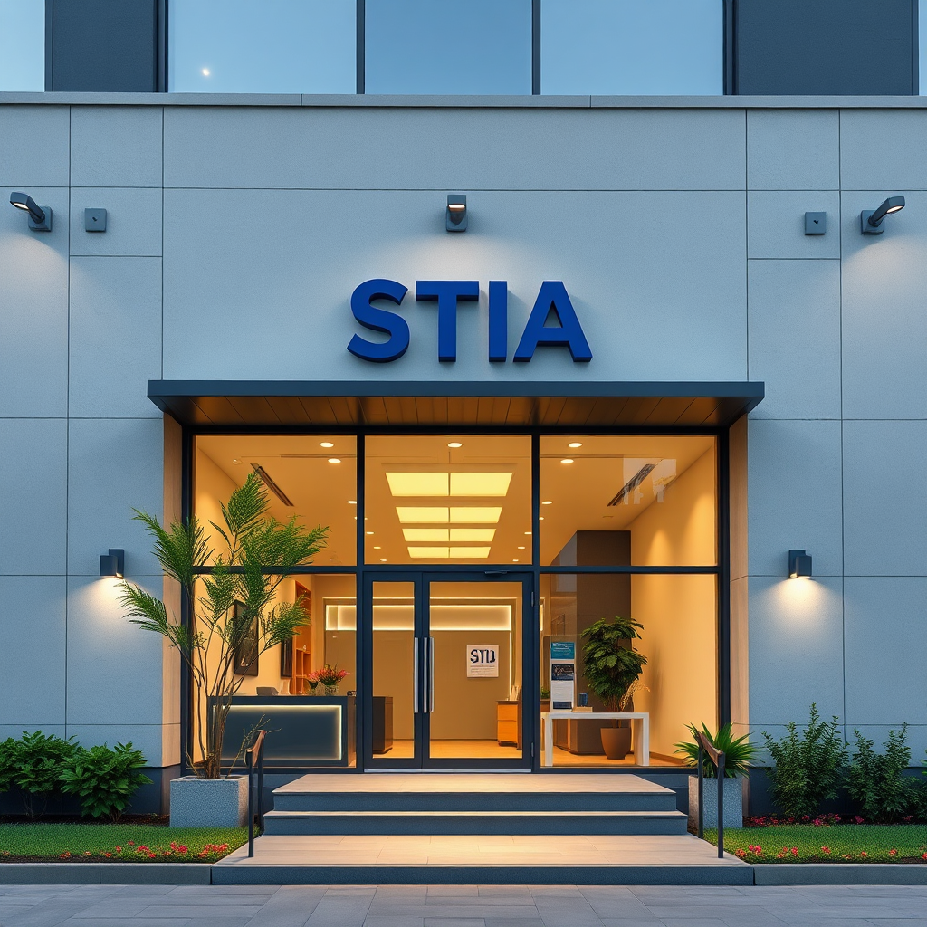A photorealistic exterior shot of the STIA office building, showcasing its professional and welcoming environment. The scene should be well-lit and inviting. 4K resolution.