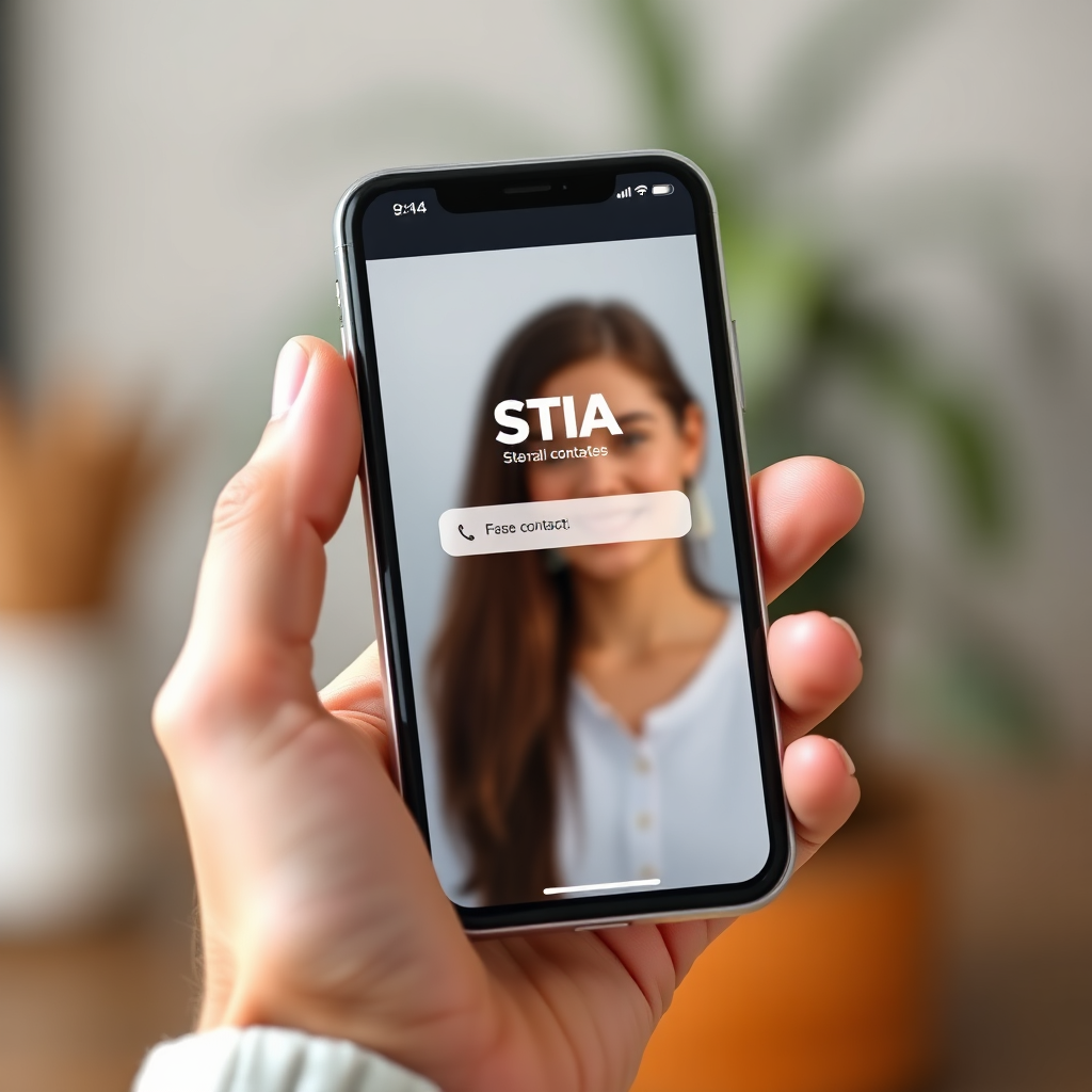 A photorealistic image of a person holding a smartphone with the STIA contact page displayed. Focus should be on the screen clarity and ease of contact. Background should be blurred, emphasizing the smartphone. 4K resolution.