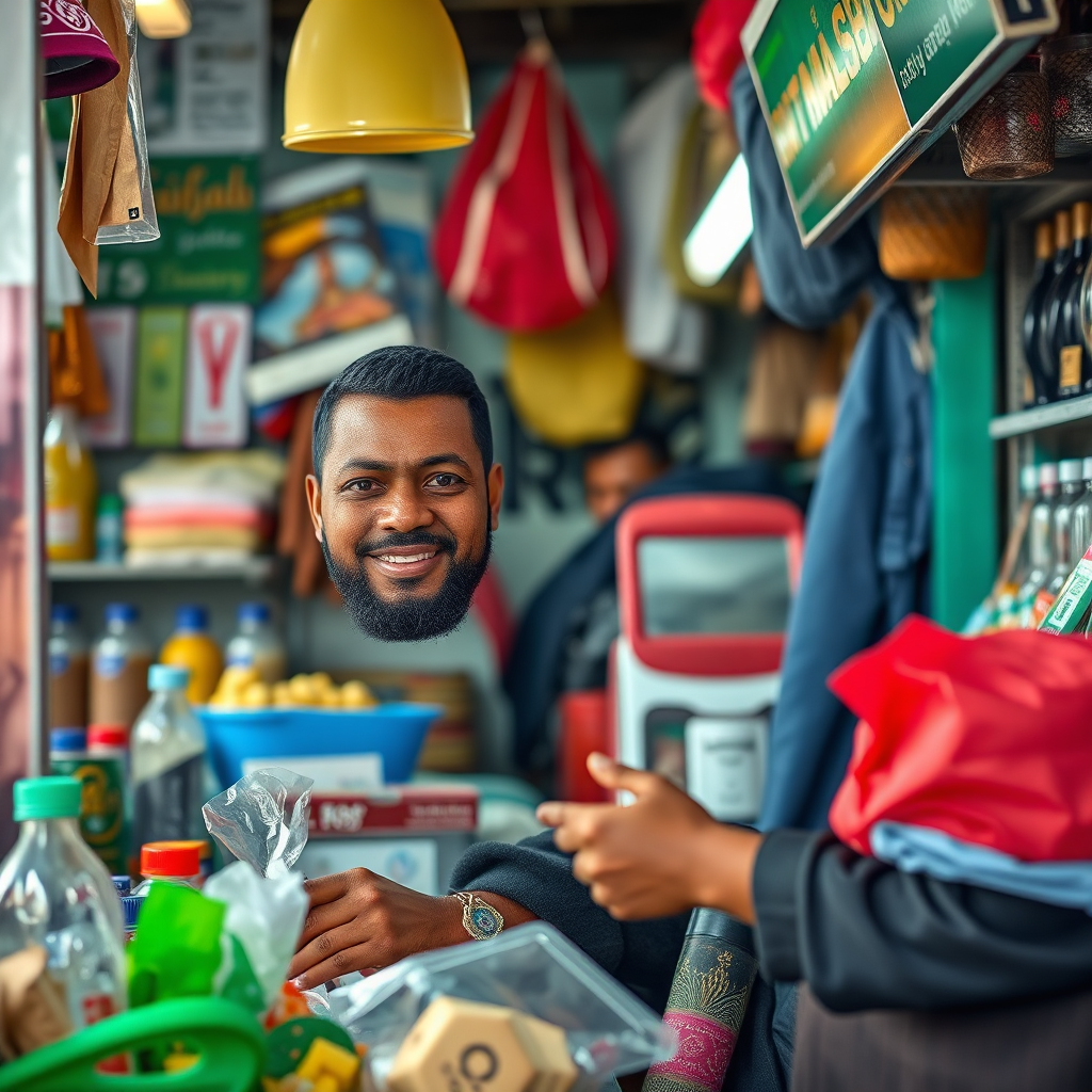 A photorealistic image of a Somali entrepreneur successfully running a small business, using Takaful insurance to protect their assets. The scene should be vibrant and bustling, showcasing the entrepreneur's success and contribution to the community. 4K resolution.