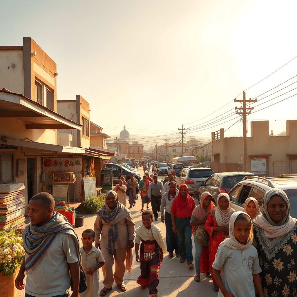 A photorealistic image of a thriving Somali community, showcasing successful businesses, healthy families, and educational opportunities. The scene should be bathed in golden sunlight, symbolizing hope and prosperity. Include modern infrastructure blending seamlessly with traditional Somali architecture. The camera angle is a wide shot, capturing the breadth and diversity of the community. 4K resolution.