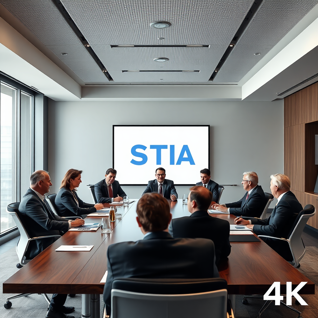 A photorealistic image of the STIA Board of Directors in a boardroom, engaged in strategic planning and decision-making. The setting is professional and modern. 4K resolution.
