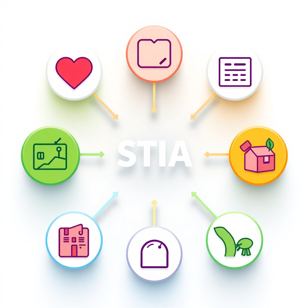 A stylized image showcasing different Takaful products represented by icons – healthcare, education, business, agriculture – all connected to a central symbol representing STIA. Use a bright and diverse color palette to represent the range of products. 4K resolution, stylized.